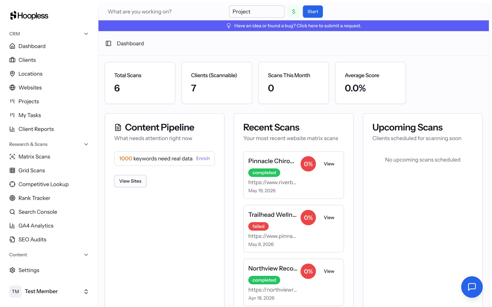 Hoopless CRM — Local search intelligence for agencies and consultants
