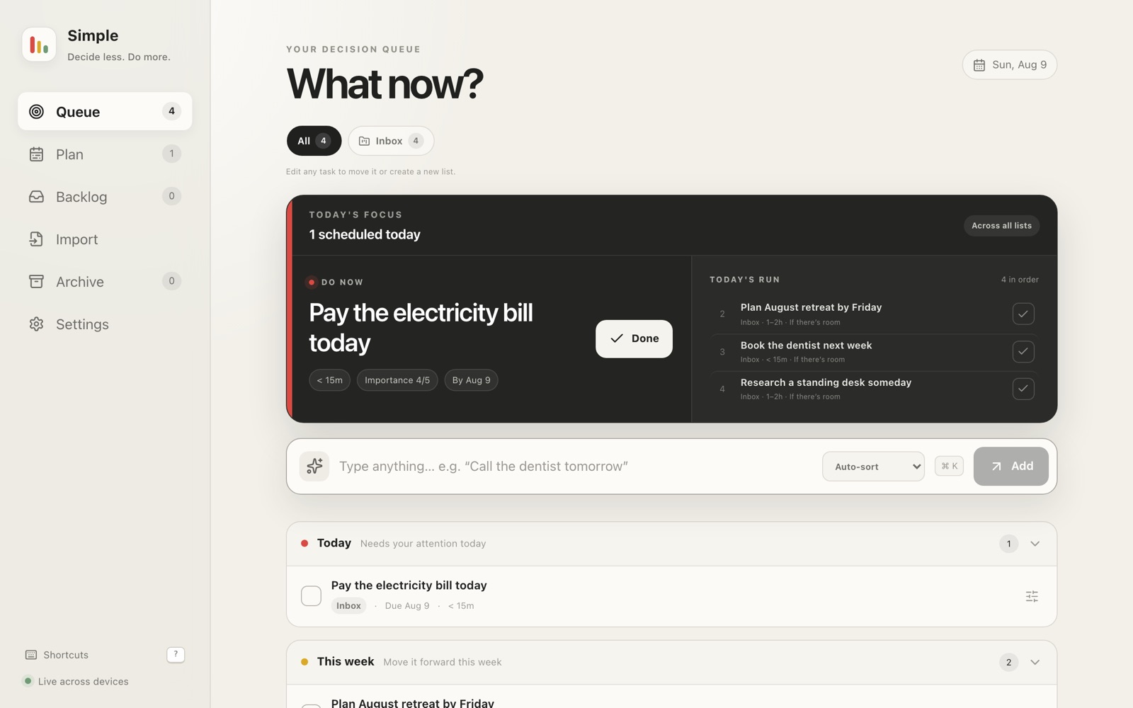 Simple — A calm decision queue for the Mac menu bar, the phone and the web